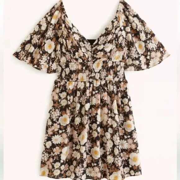 Abercrombie & Fitch Angel  Sleeve Smocked Waist Mini Dress Brown Floral Sz Small - Picture 1 of 10